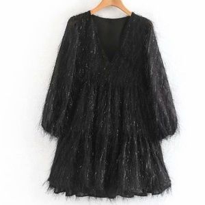 Flowy Fringe Black Party Dress